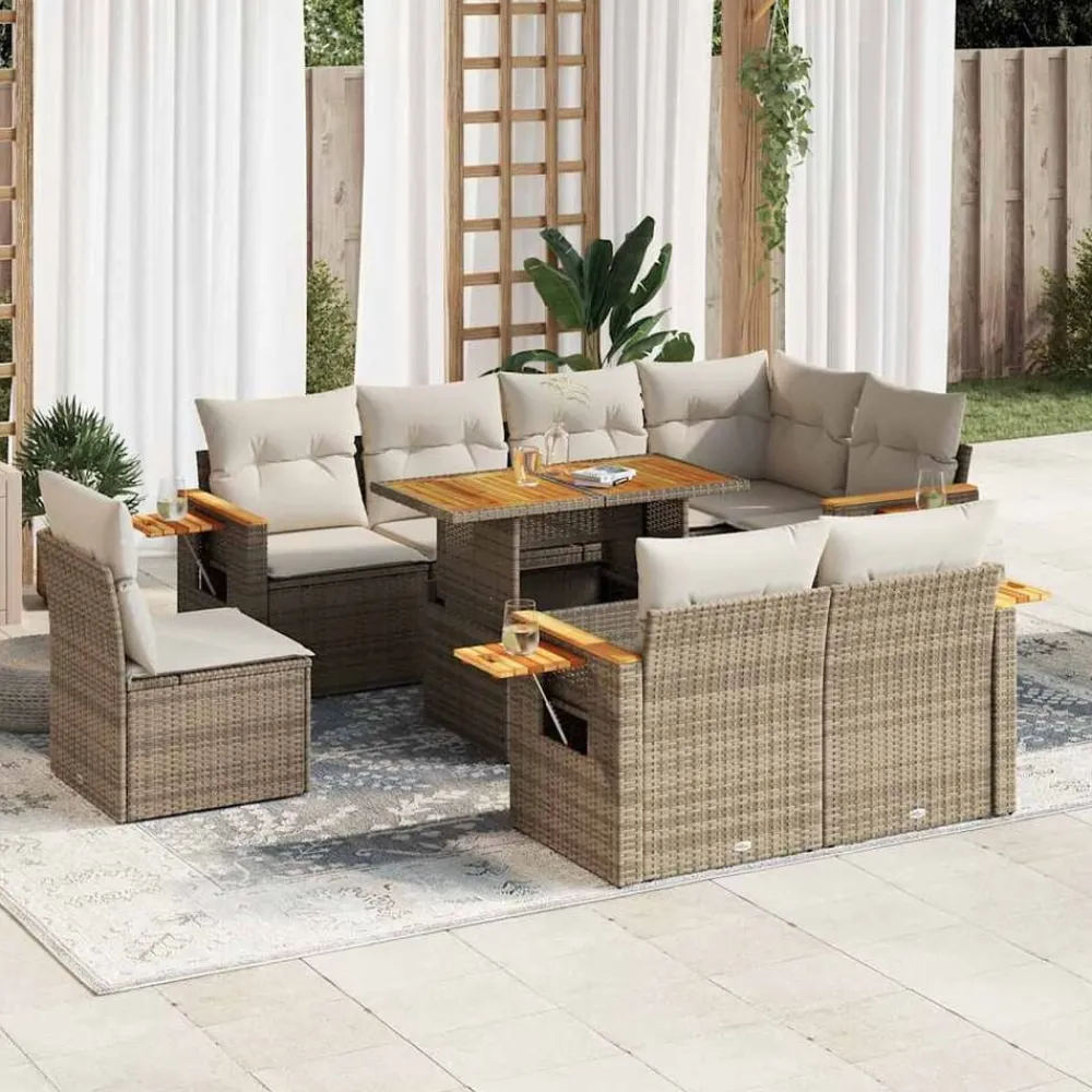 vidaXL Muebles De Jardín-Set sofás jardín y cojines 9 pzas ratán sintético acacia beige