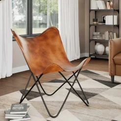 vidaXL Sillas-Silla Butterfly de cuero auténtico marrón