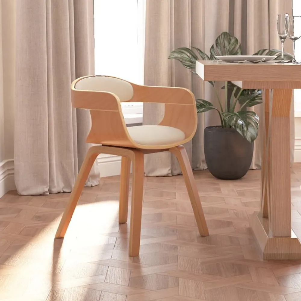 vidaXL Sillas-Silla de comedor de cuero sintético y madera curvada crema