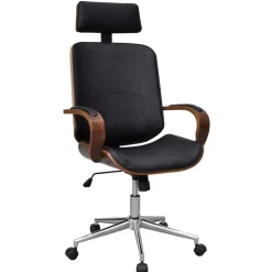 vidaXL Silla de oficina giratoria madera curvada y cuero artificial Negro y marrón