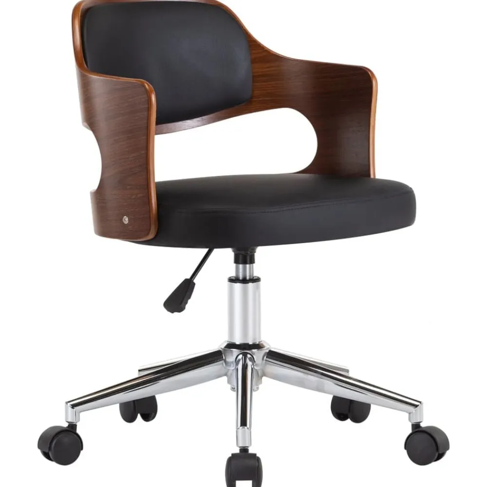 vidaXL Silla de oficina giratoria madera curvada cuero sintético negro negro y marrón oscuro Clearance
