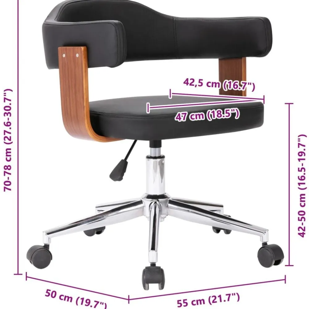 vidaXL Silla de oficina giratoria madera curvada cuero sintético negro negro y marrón oscuro