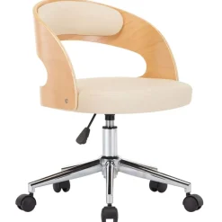 vidaXL Silla de oficina giratoria madera curvada cuero sintético Crema New