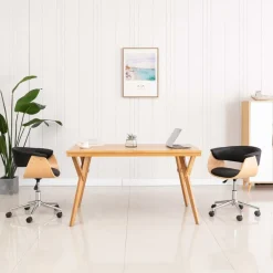 vidaXL Silla de oficina giratoria madera curvada cuero sintético negro negro y marr&oacute;n claro Discount