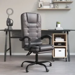 vidaXL Silla de oficina reclinable masaje cuero sintético Gris Outlet