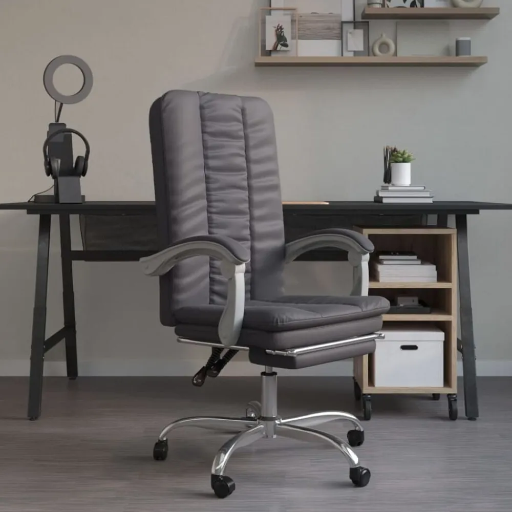 vidaXL Silla de oficina reclinable cuero sintético Gris New