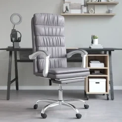 vidaXL Silla de oficina reclinable cuero sintético Gris New