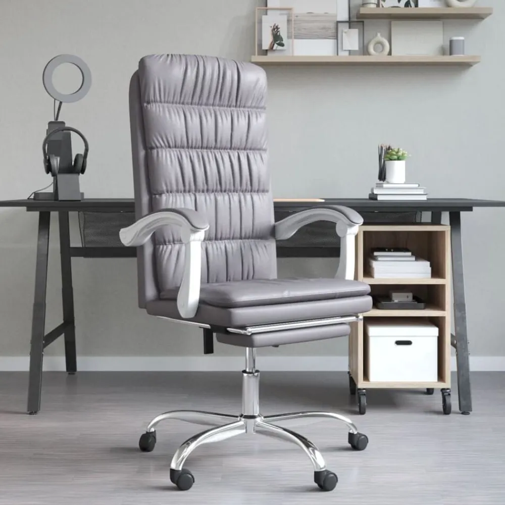 vidaXL Silla de oficina reclinable cuero sintético Gris New