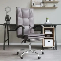 vidaXL Silla de oficina reclinable cuero sintético Gris Hot