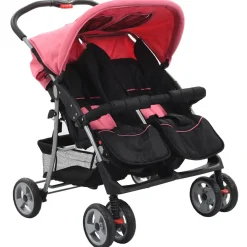 vidaXL Silla de paseo para gemelos de acero y negro Rosa Hot