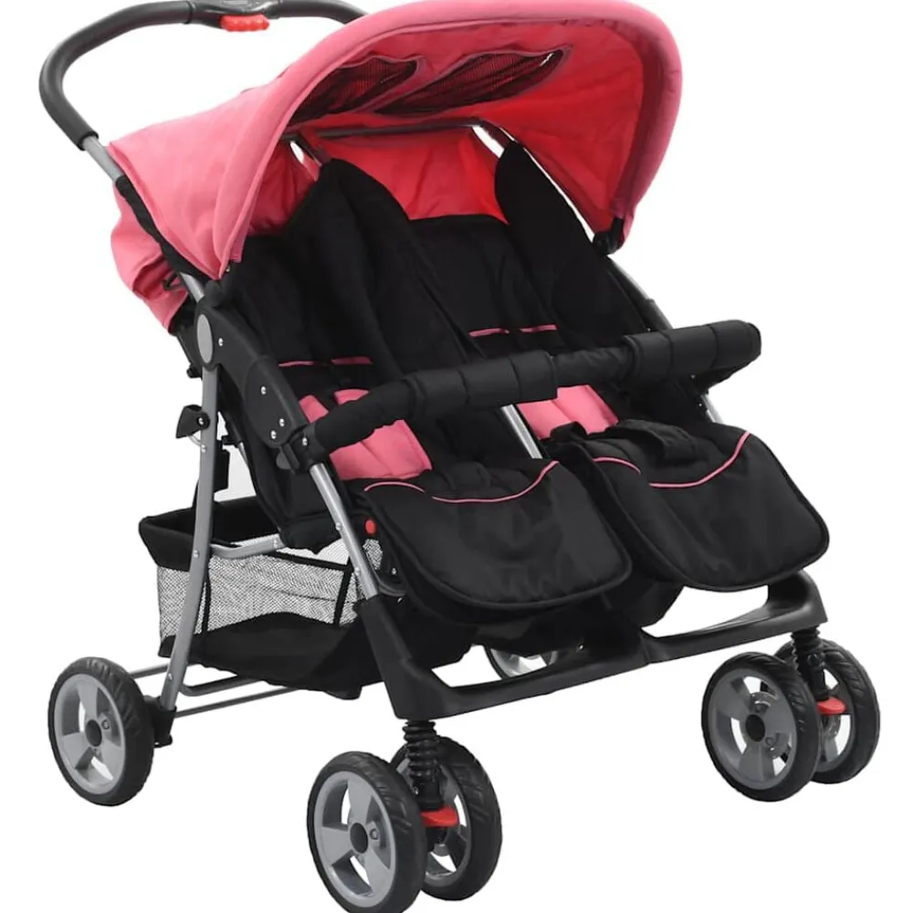 vidaXL Silla de paseo para gemelos de acero y negro Rosa Hot