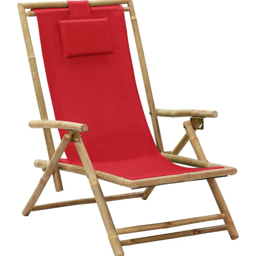 vidaXL Muebles De Jardín-Silla de relax reclinable de bambú y tela roja