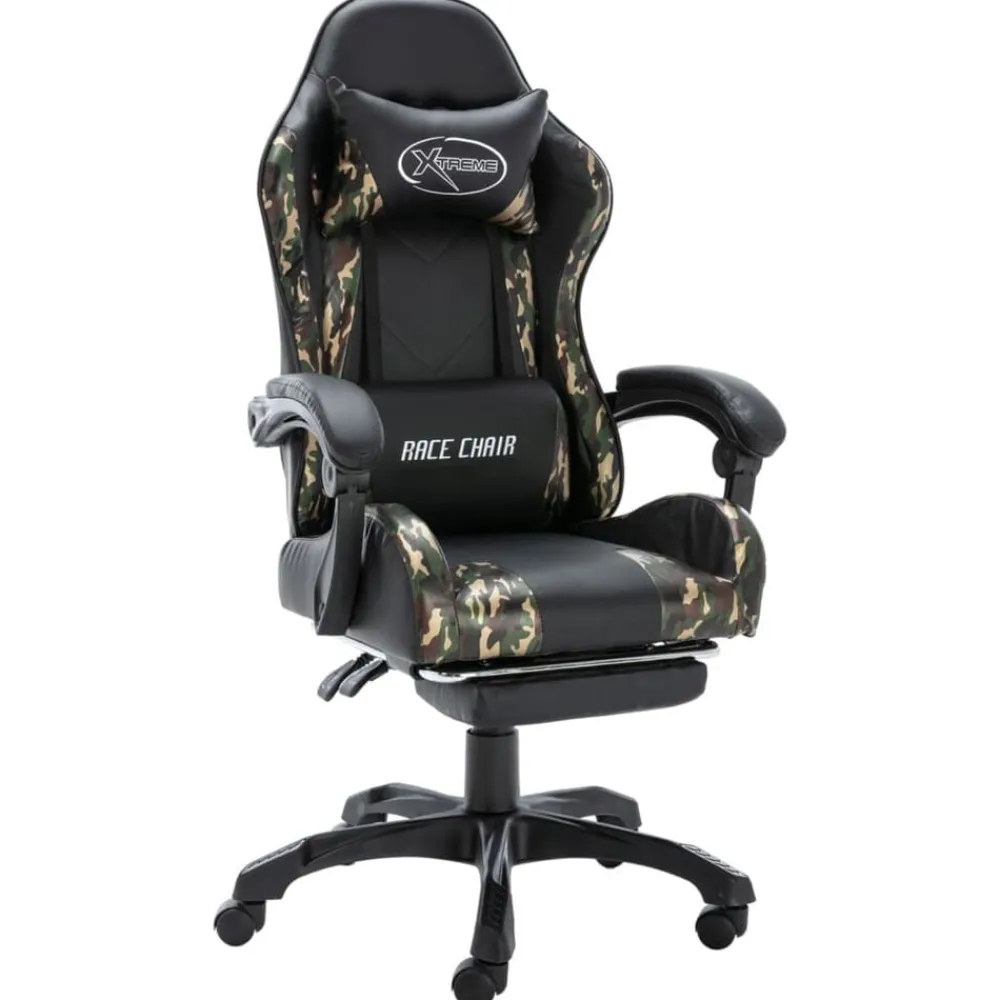 vidaXL Mobiliario De Oficina-Silla gaming con reposapiés cuero sintético negro y camuflaje