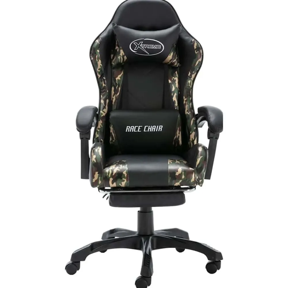 vidaXL Mobiliario De Oficina-Silla gaming con reposapiés cuero sintético negro y camuflaje