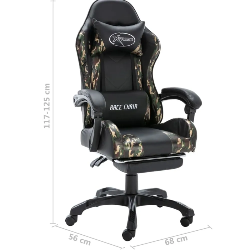 vidaXL Mobiliario De Oficina-Silla gaming con reposapiés cuero sintético negro y camuflaje