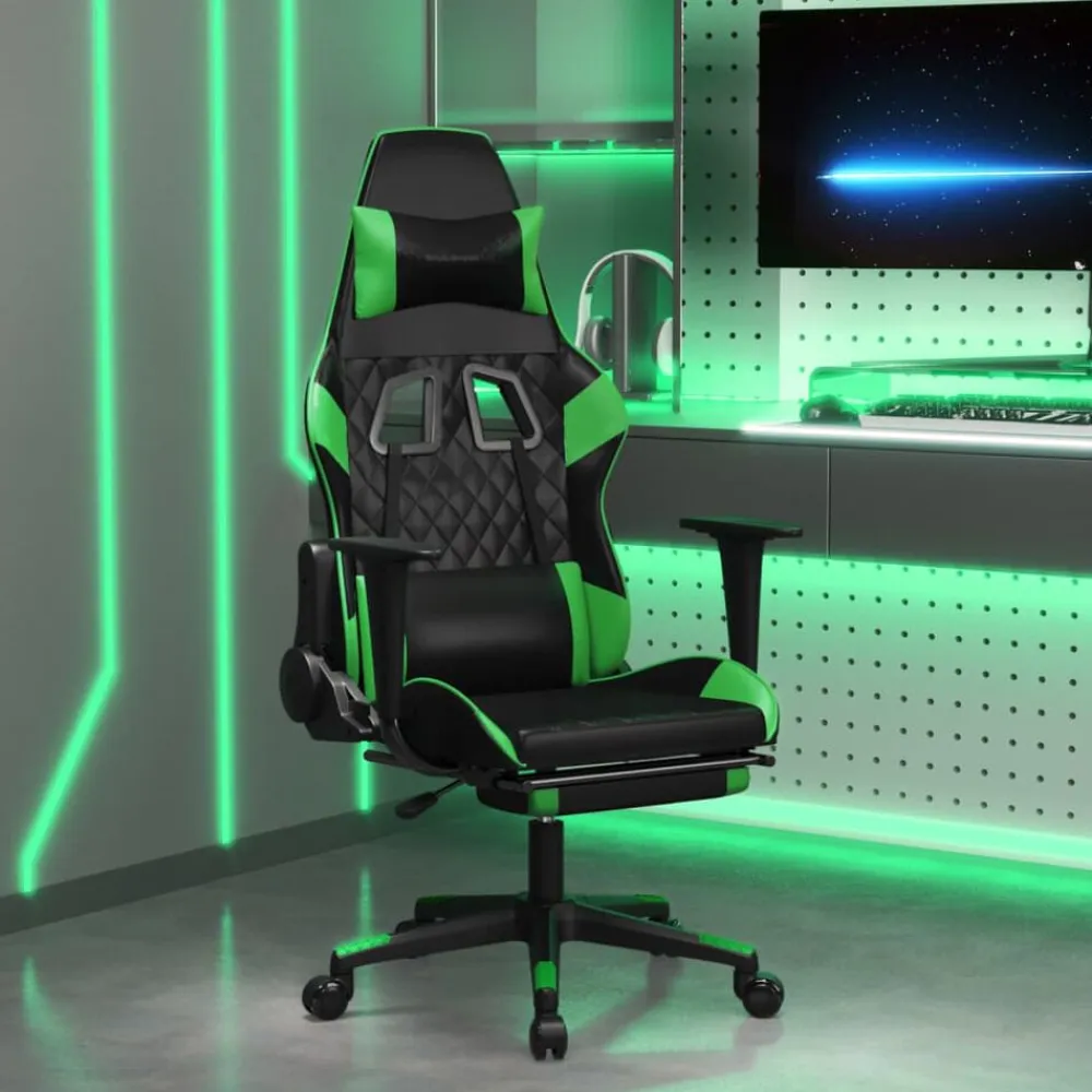 vidaXL Silla gaming con reposapiés cuero sintético negro verde Negro y verde Clearance