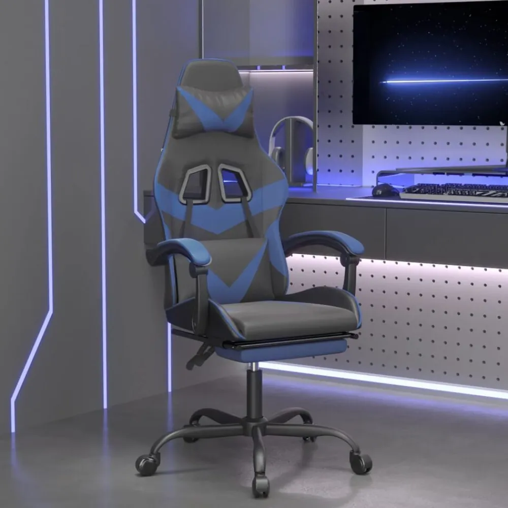 vidaXL Silla gaming con reposapiés cuero sintético negro azul Negro y azul Online