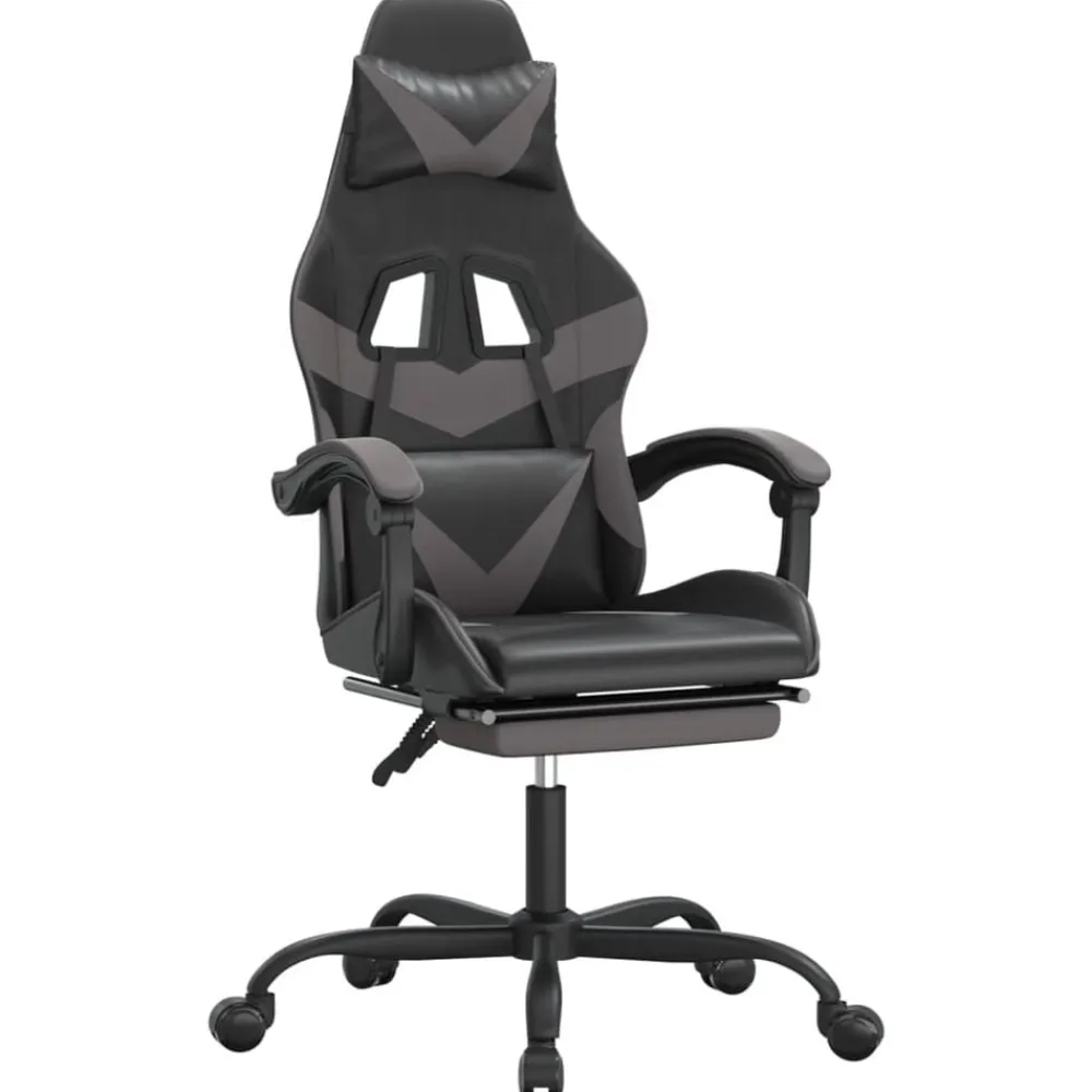 vidaXL Sillas-Silla gaming con reposapiés cuero sintético negro gris