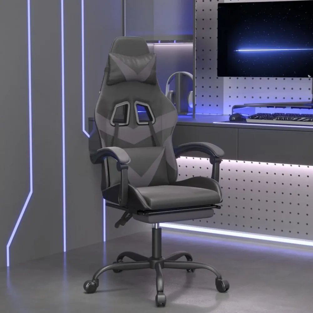 vidaXL Sillas-Silla gaming con reposapiés cuero sintético negro gris