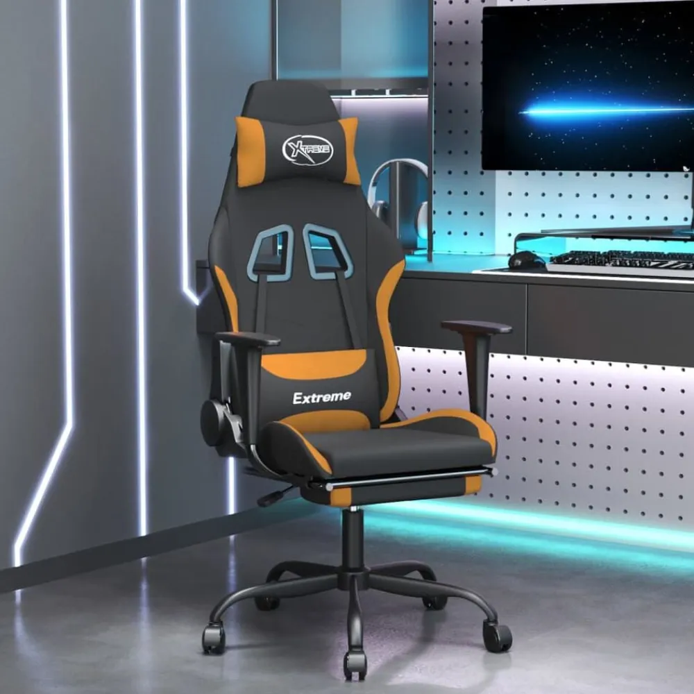 vidaXL Sillas-Silla gaming de masaje con reposapiés tela negro y naranja