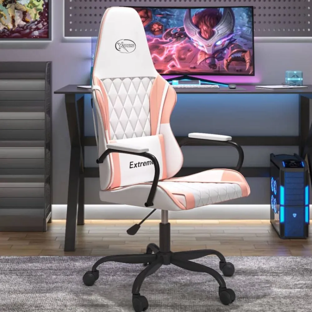 vidaXL Silla gaming de masaje cuero sintético Blanco y rosa Clearance