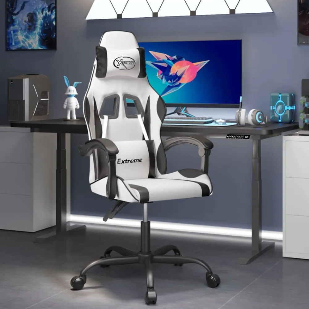 vidaXL Silla gaming giratoria cuero sintético Blanco y negro