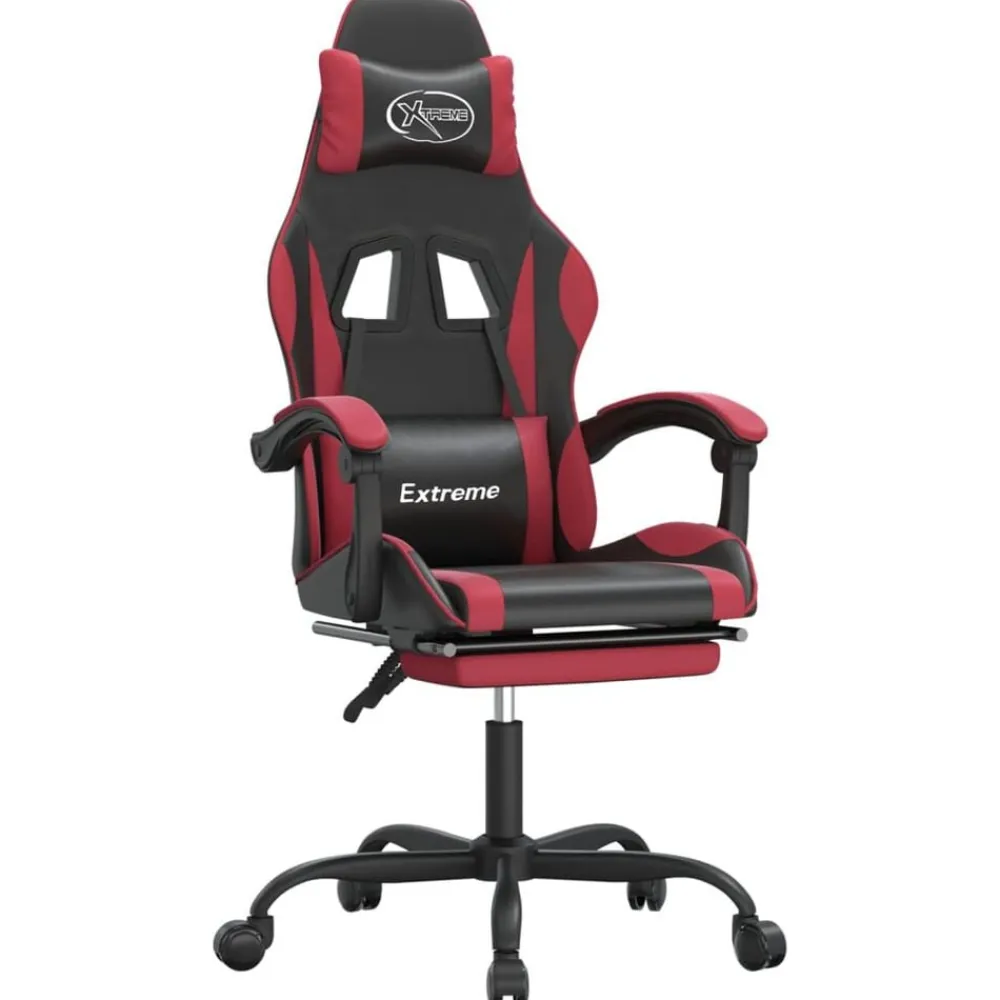 vidaXL Silla gaming giratoria y reposapiés cuero sintético Negro y rojo tinto