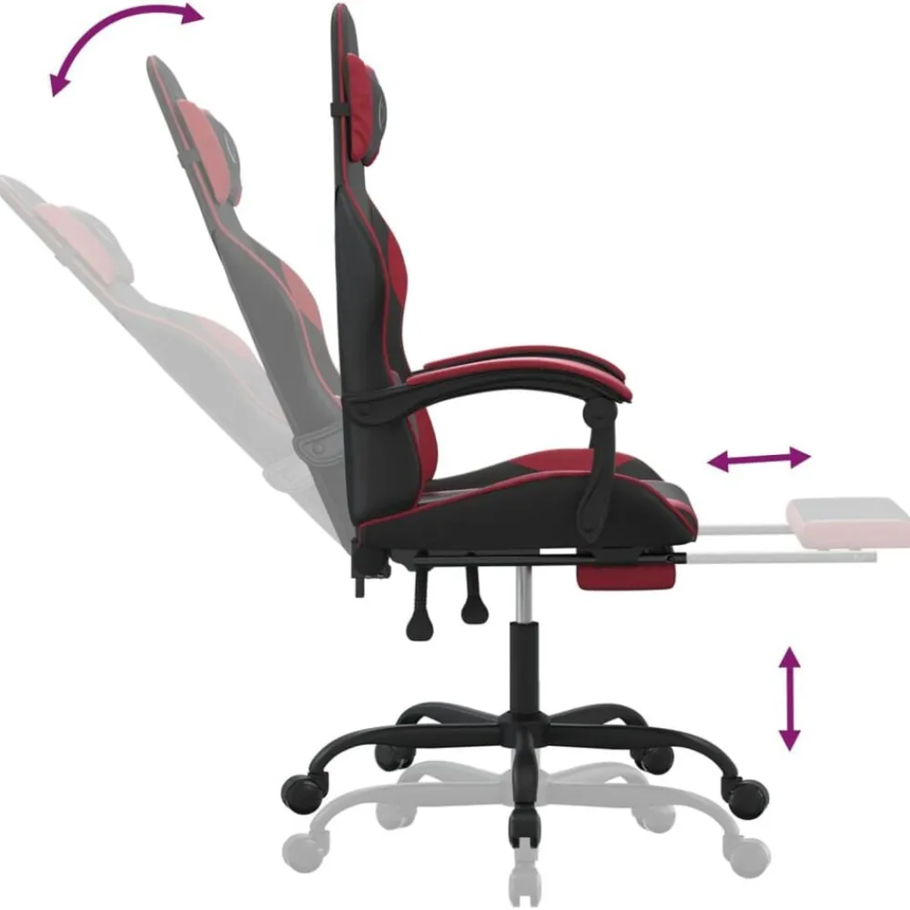 vidaXL Silla gaming giratoria y reposapiés cuero sintético Negro y rojo tinto