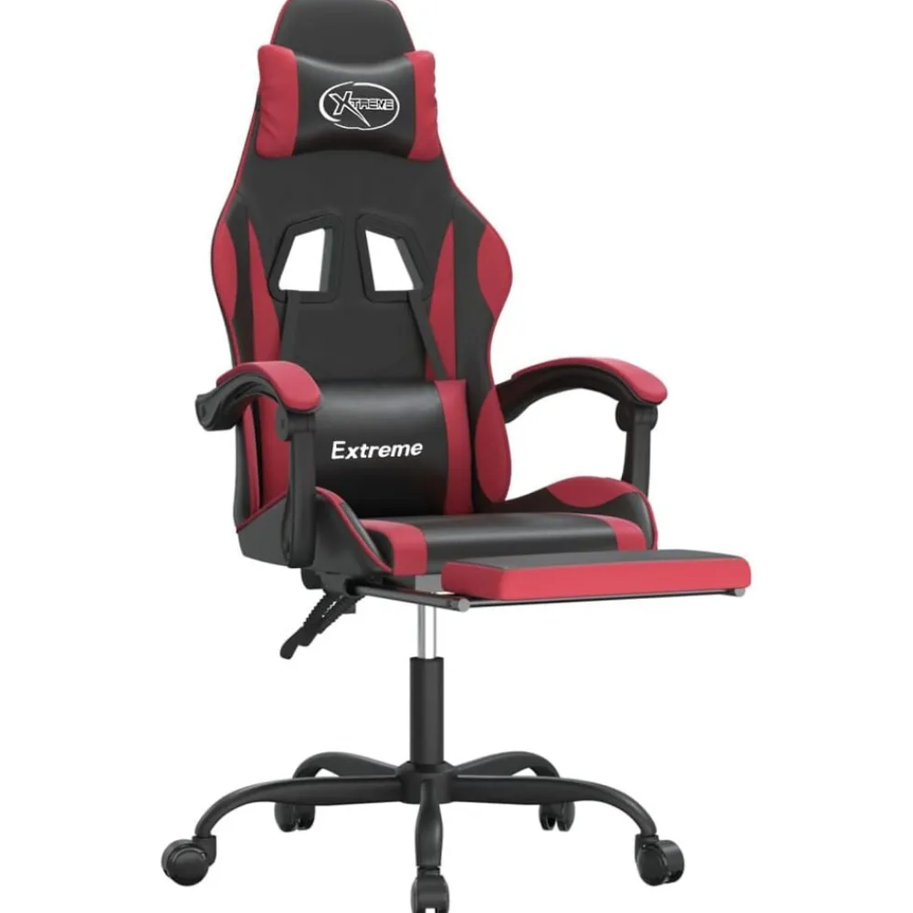 vidaXL Silla gaming giratoria y reposapiés cuero sintético Negro y rojo tinto