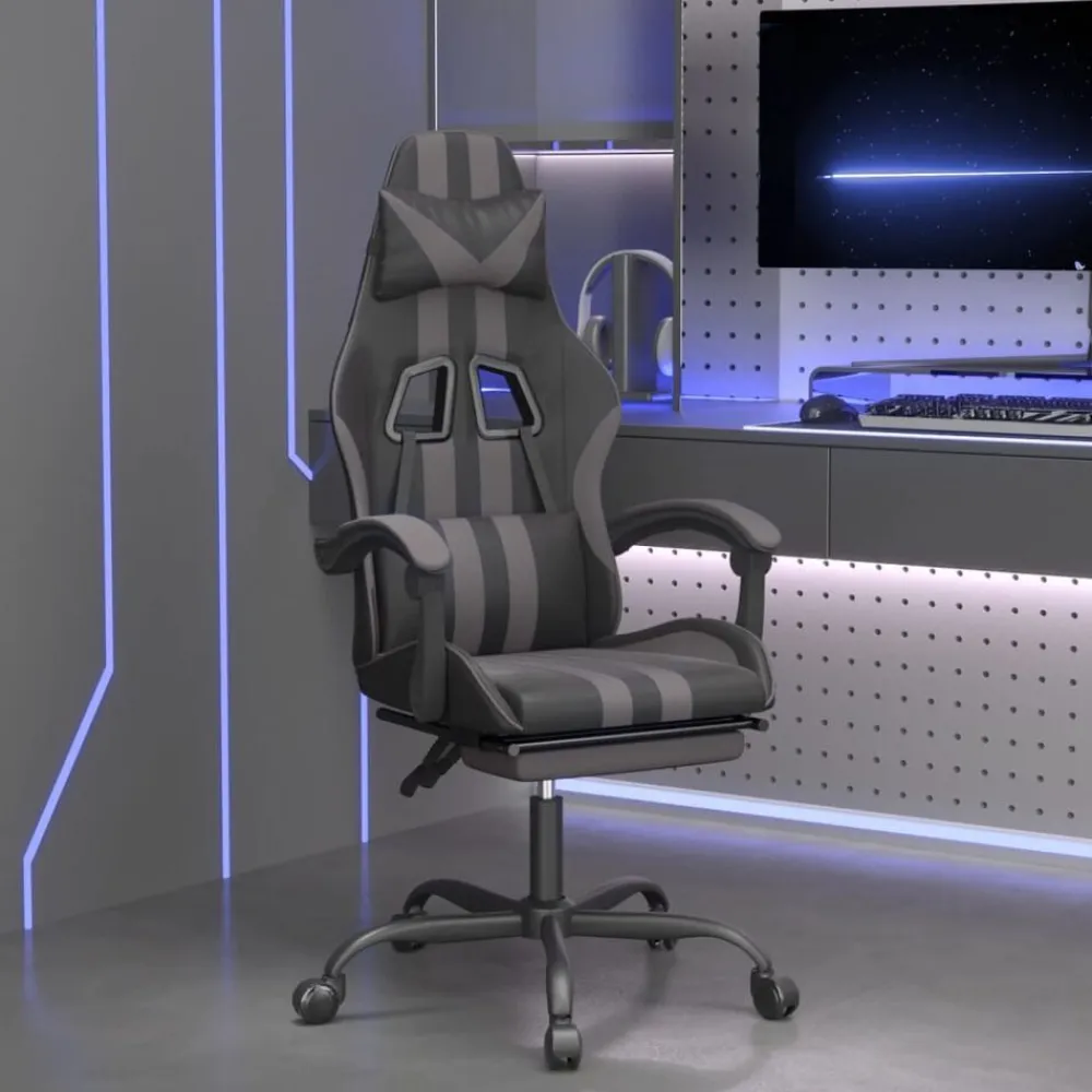 vidaXL Silla gaming giratoria y reposapiés cuero sintético negro gris Negro y gris Best