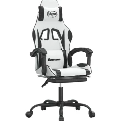 vidaXL Sillas-Silla gaming giratoria reposapiés cuero sintético blanco negro