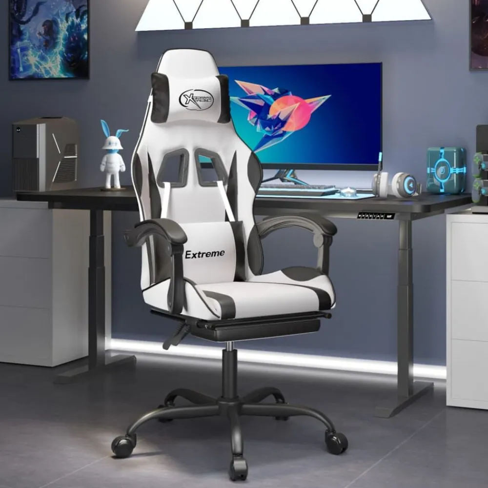 vidaXL Sillas-Silla gaming giratoria reposapiés cuero sintético blanco negro