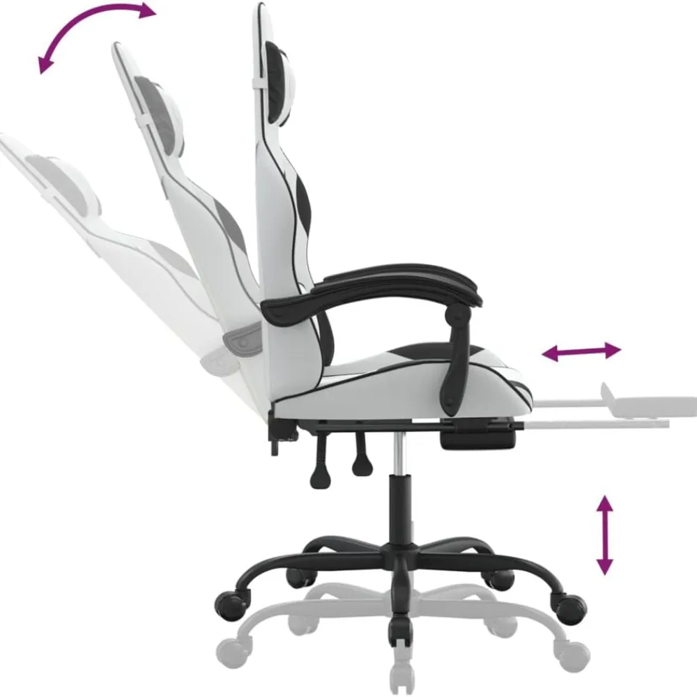 vidaXL Sillas-Silla gaming giratoria reposapiés cuero sintético blanco negro