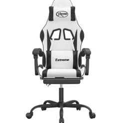 vidaXL Sillas-Silla gaming giratoria reposapiés cuero sintético blanco negro