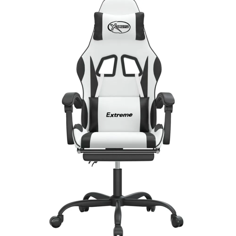 vidaXL Sillas-Silla gaming giratoria reposapiés cuero sintético blanco negro