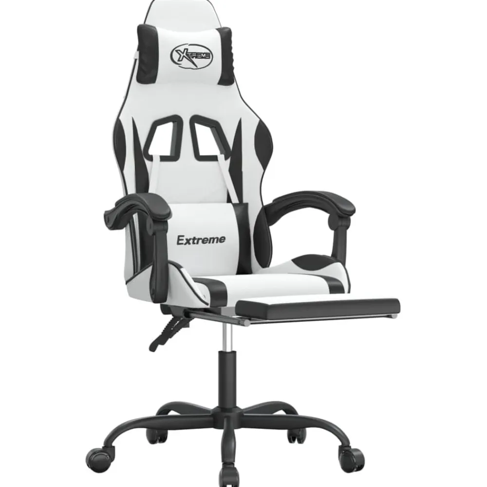 vidaXL Sillas-Silla gaming giratoria reposapiés cuero sintético blanco negro