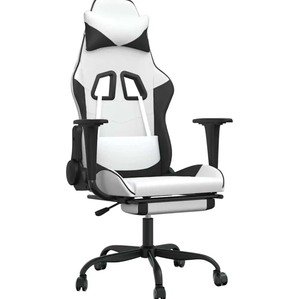 vidaXL Sillas-Silla gaming masaje y reposapiés cuero sintético negro blanco