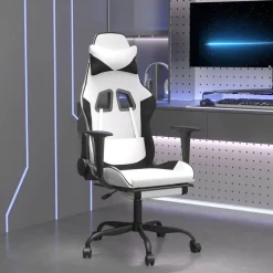 vidaXL Sillas-Silla gaming masaje y reposapiés cuero sintético negro blanco