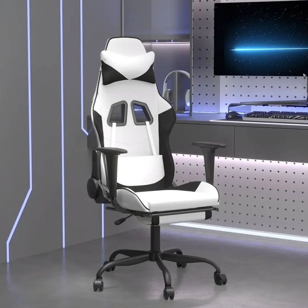 vidaXL Sillas-Silla gaming masaje y reposapiés cuero sintético negro blanco