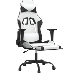 vidaXL Sillas-Silla gaming masaje y reposapiés cuero sintético negro blanco