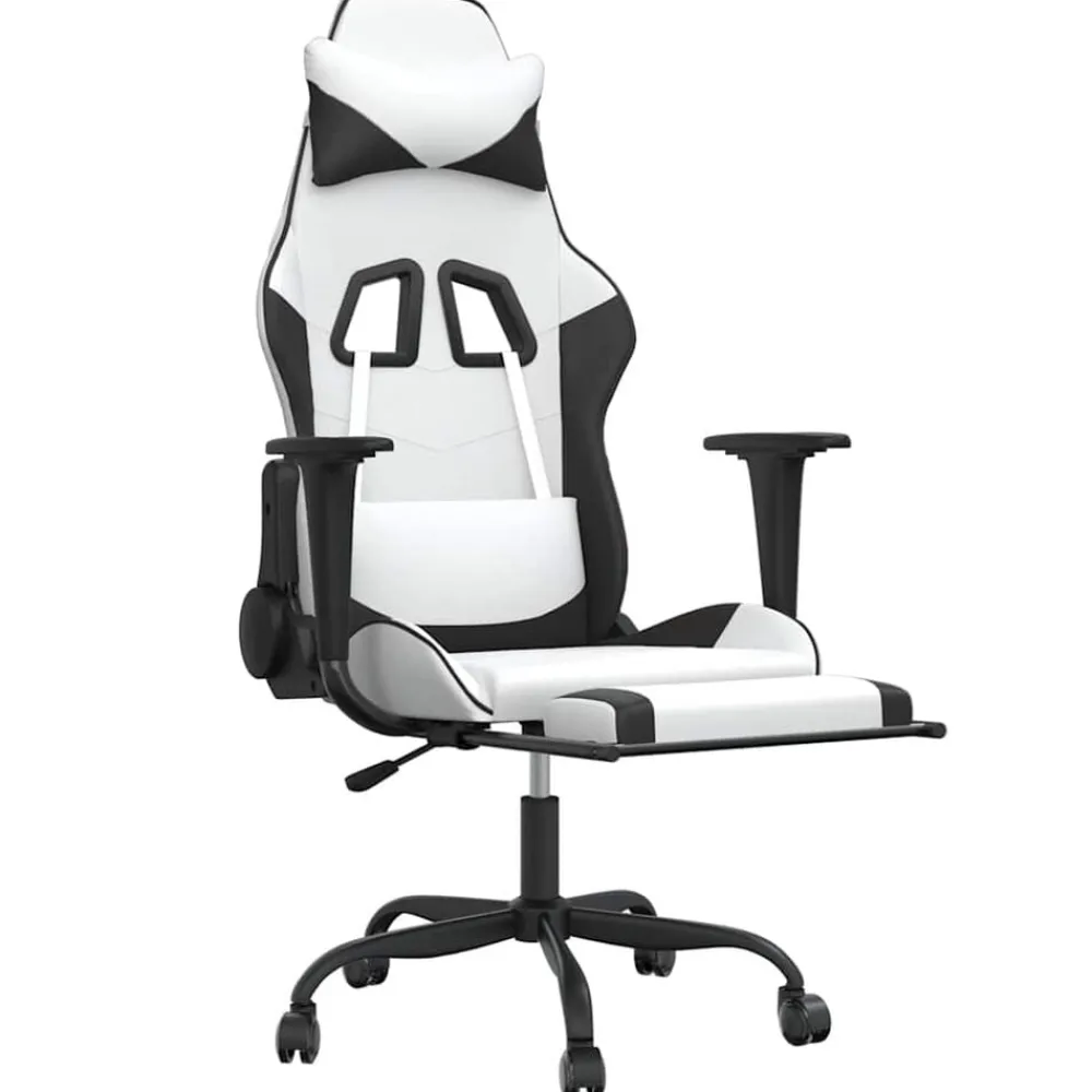 vidaXL Sillas-Silla gaming masaje y reposapiés cuero sintético negro blanco