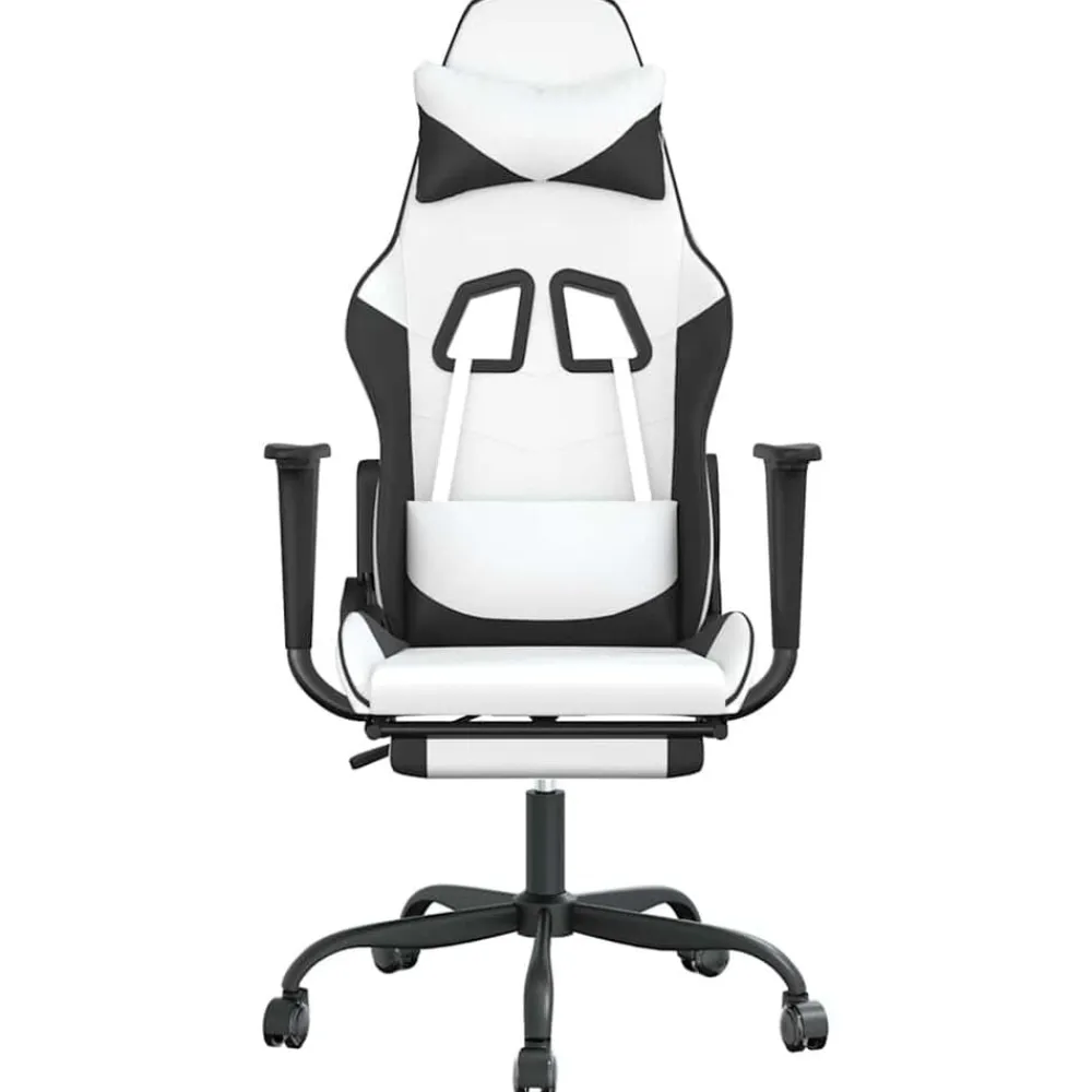 vidaXL Sillas-Silla gaming masaje y reposapiés cuero sintético negro blanco