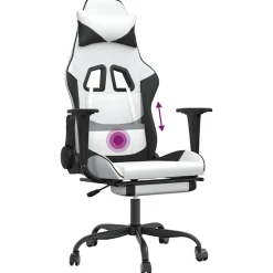 vidaXL Sillas-Silla gaming masaje y reposapiés cuero sintético negro blanco