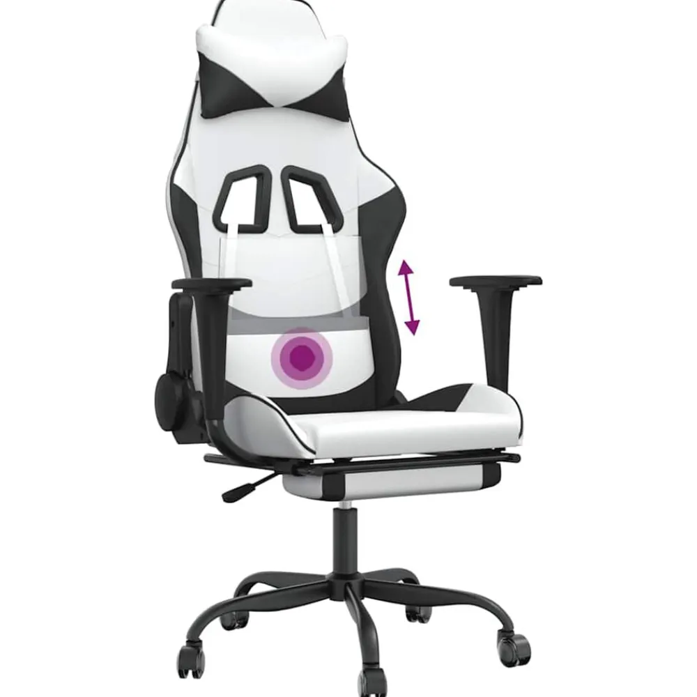 vidaXL Sillas-Silla gaming masaje y reposapiés cuero sintético negro blanco