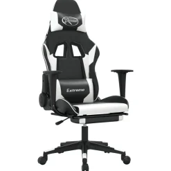 vidaXL Sillas-Silla gaming masaje y reposapiés cuero sintético negro blanco