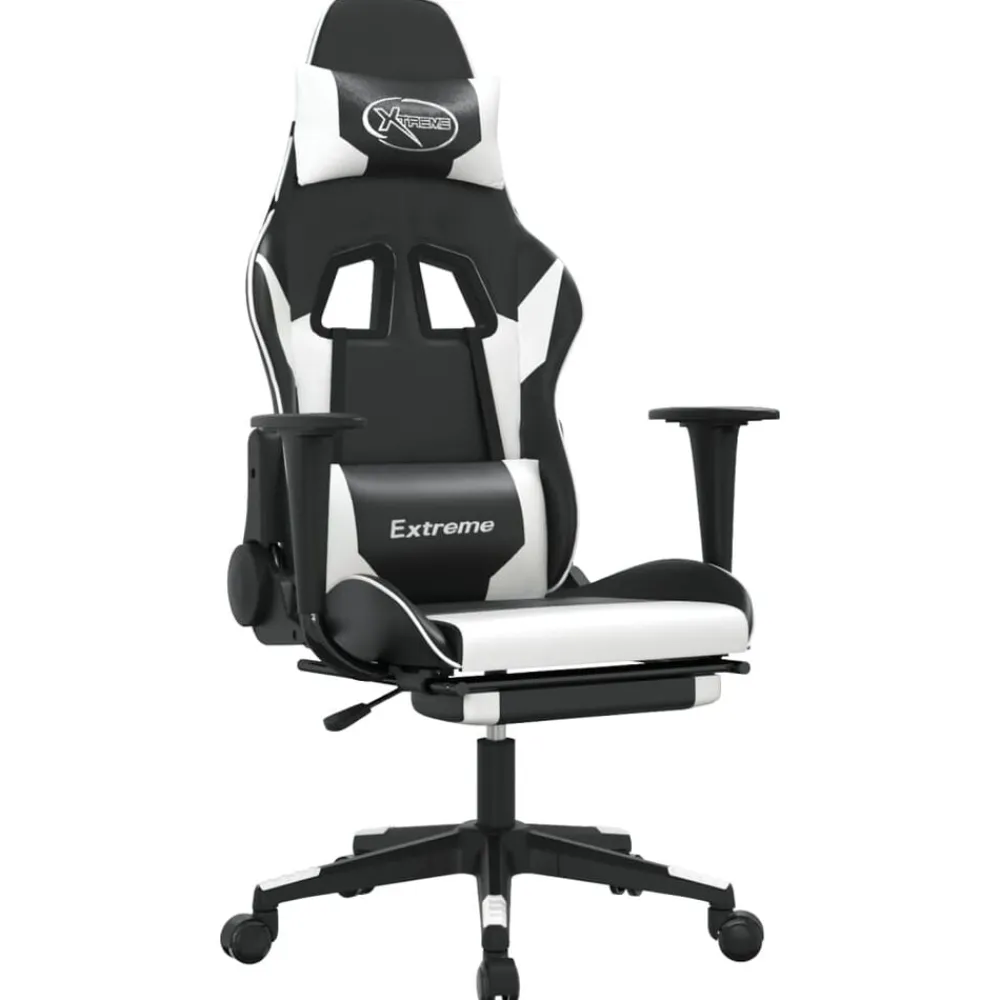 vidaXL Sillas-Silla gaming masaje y reposapiés cuero sintético negro blanco