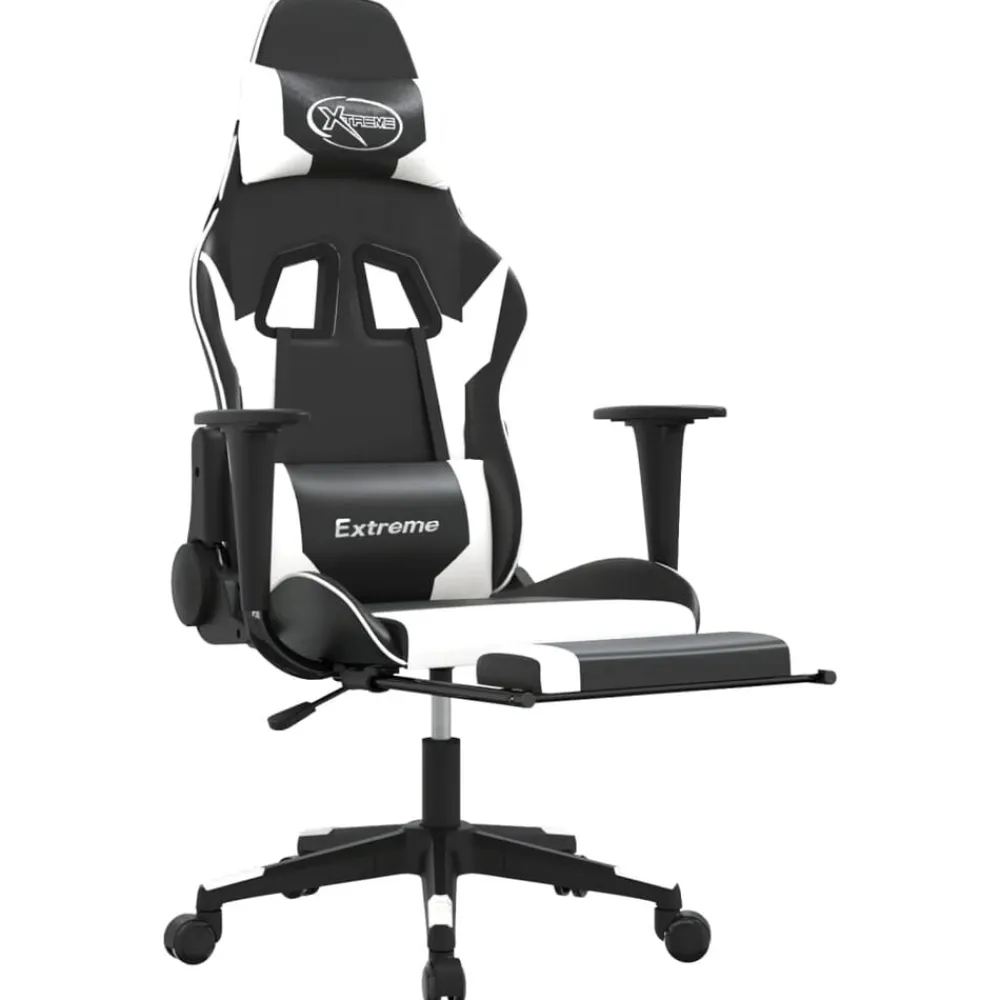 vidaXL Sillas-Silla gaming masaje y reposapiés cuero sintético negro blanco