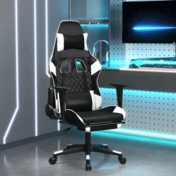 vidaXL Sillas-Silla gaming masaje y reposapiés cuero sintético negro blanco