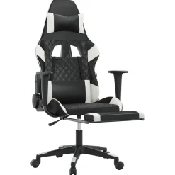 vidaXL Sillas-Silla gaming masaje y reposapiés cuero sintético negro blanco