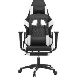 vidaXL Sillas-Silla gaming masaje y reposapiés cuero sintético negro blanco